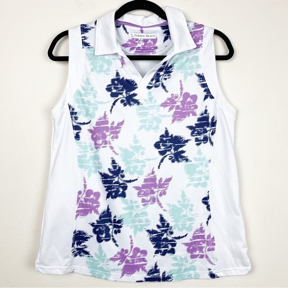 COPY - 4/$25 Pebble Beach performance palm graphic print white gold tank 900 - Picture 1 of 11